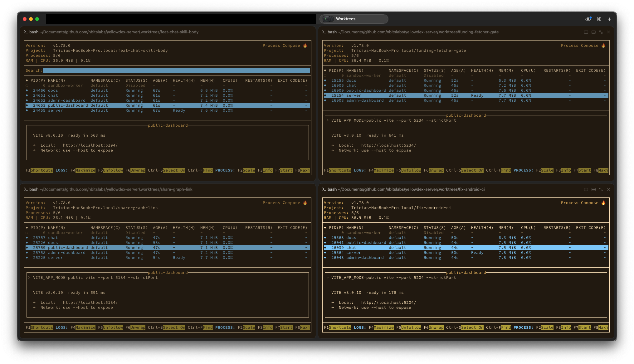 Four terminal panes, one per git worktree, each running process-compose with the server, docs, chat and both dashboards up; every pane's public dashboard listens on a different port: 5194, 5234, 5184 and 5204.